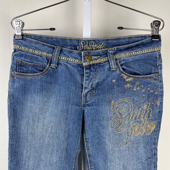 Vintage‎ Y2K Southpole Denim Jean Shorts Gold Logo Flap Pockets Juniors Size 5 - Picture 2 of 9